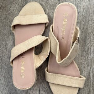 Allegra K Tan Suede-Look Double Strap Slide Mules